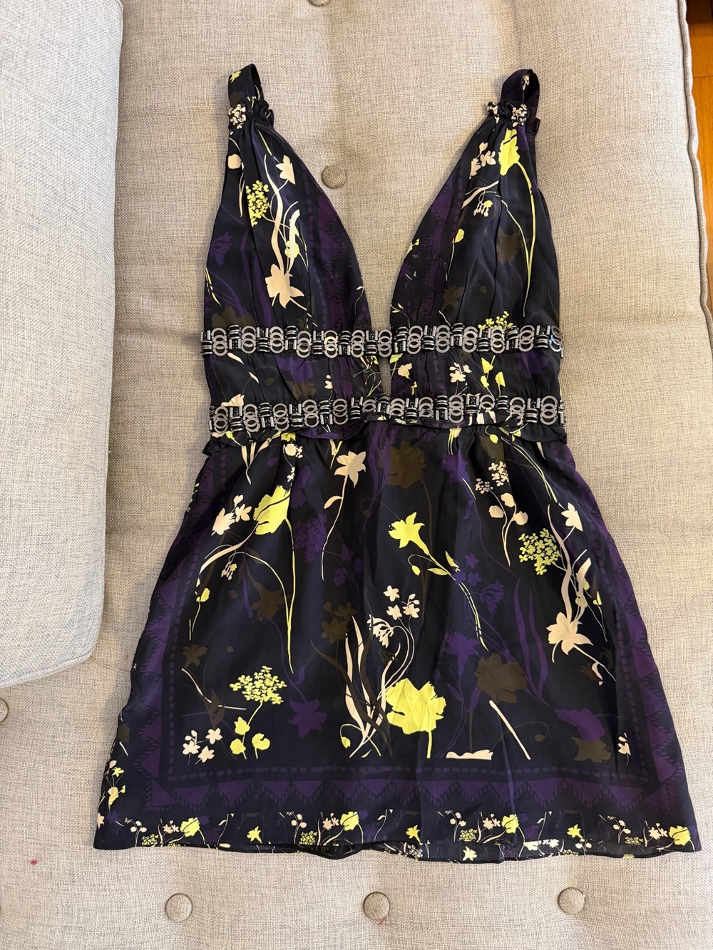 Animale Black Mini Dress with Purple and Yellow Floral Accents 100% silk sexy